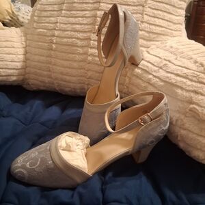 Elegant Lace Ankle Strap Heels in Light Gray